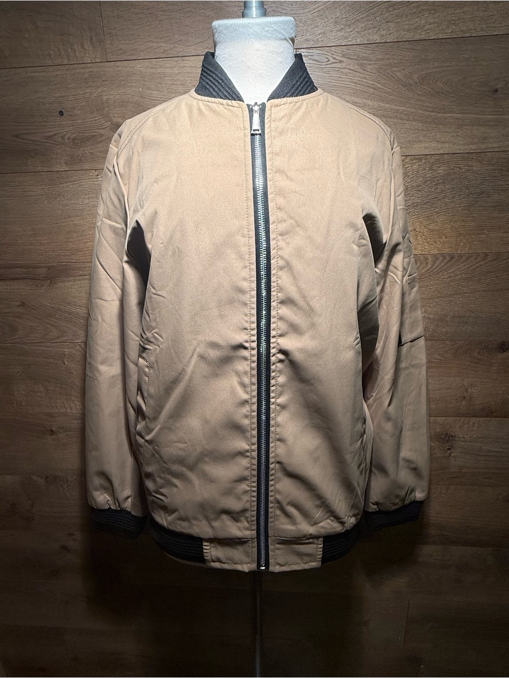 Men's Beige Bomber Jacket with Contrast Trim